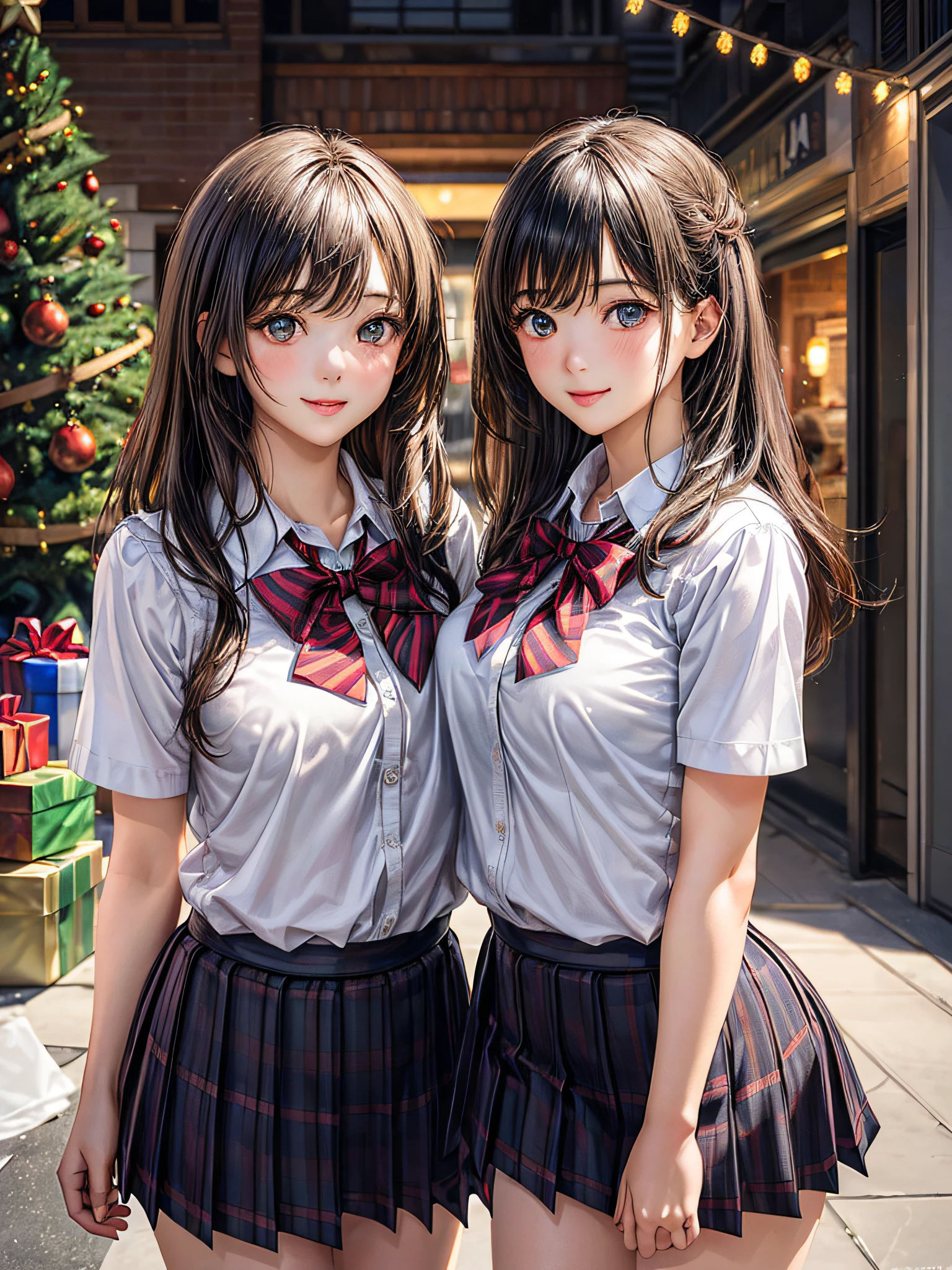 (2girls:1.4), Extremely cute, amazing face and eyes beautiful nice smile), (extremely detailed beautiful face), bright and shiny lips, (School uniform, Pleated skirt:1.3), (Best Quality:1.4), (hyper quality), (Ultra-detailed), (Hyper-realistic, Photorealsitic:1.37), Authentic skin texture, intricate-detail, extremely detailed CG unified 8k wallpaper, RAW Photos, professional photograpy, Cinematic lighting, Exposing, Christmas tree, Christmas Ornaments, Christmas Decorations, Christmas Lights, Christmas Lights,