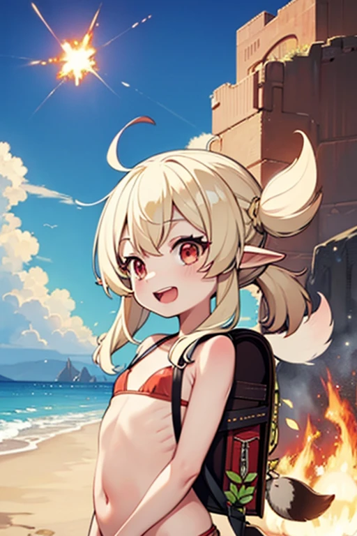 red bikini, loli, outside, flat chest, open mouth, smiling, daylight, short, small, pointy ears, blonde hair, dodoco, backpack, fire, explosion