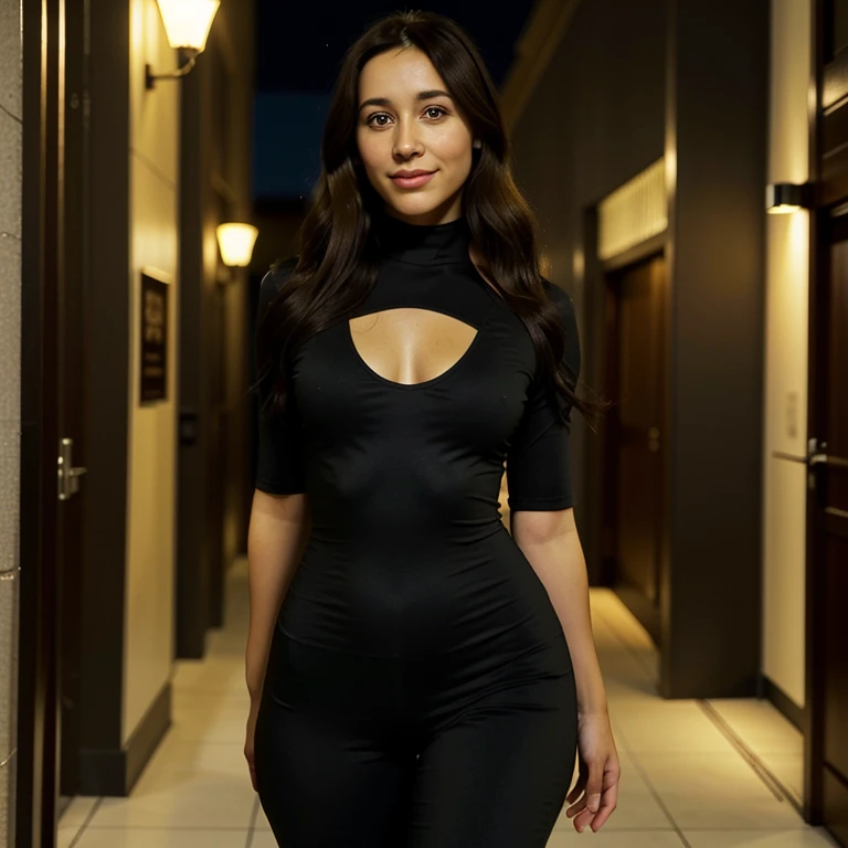 Beautiful 31 year old woman, brunette skin, cabello largo negro alisado, rostro casi redondo armonioso, ojos negros  razgados casi tipo orientales, sonrisa armoniosa, senos grandes, nalgas grandes, dressed in a tight-fitting black body suit. Caminando sensual en el hotel de noche