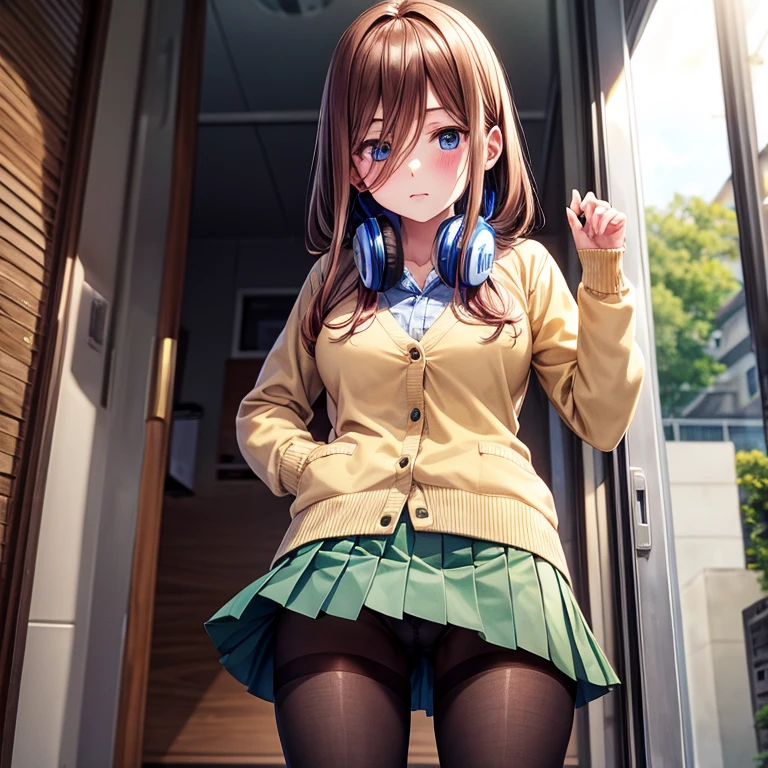 Brown-haired schoolgirl、Green skirt、light blue cardigan、Semi-long hair、Blue headphones、(Black sheer pantyhose)、red blush、embarassed expression、Western-style toilet、(See-through),(pussy juice)、(no panties),(pussy juice)、(Masturbate)、(masturbation)