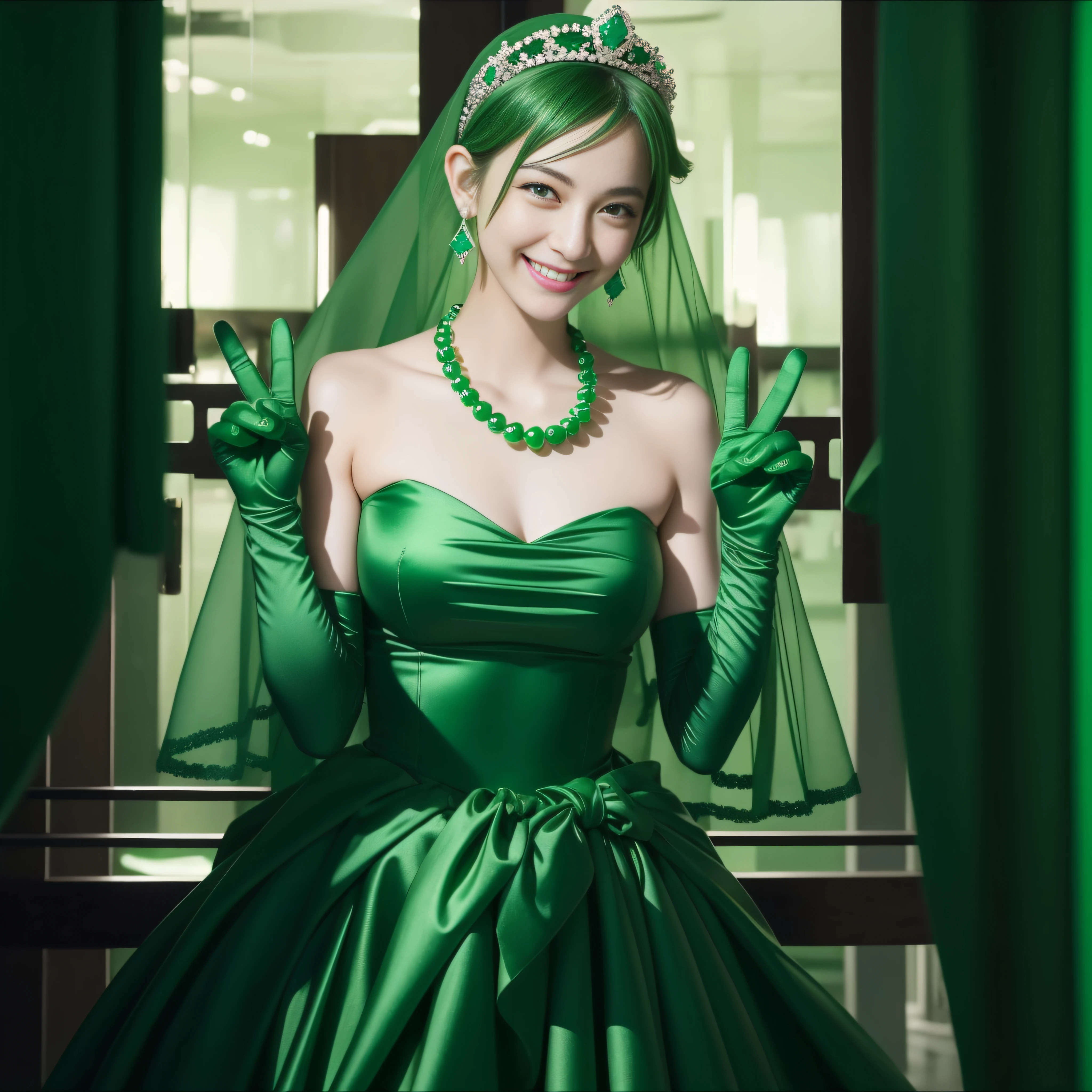 emerald tiara, Green Pearl Necklace, Boyish very short green hair, lipsticks, Japan woman smiling, very short short hair, big breasts beautiful, Green eyes, Long green gloves made of satin material, Green eyes, Emerald Earrings, green vale, v sign