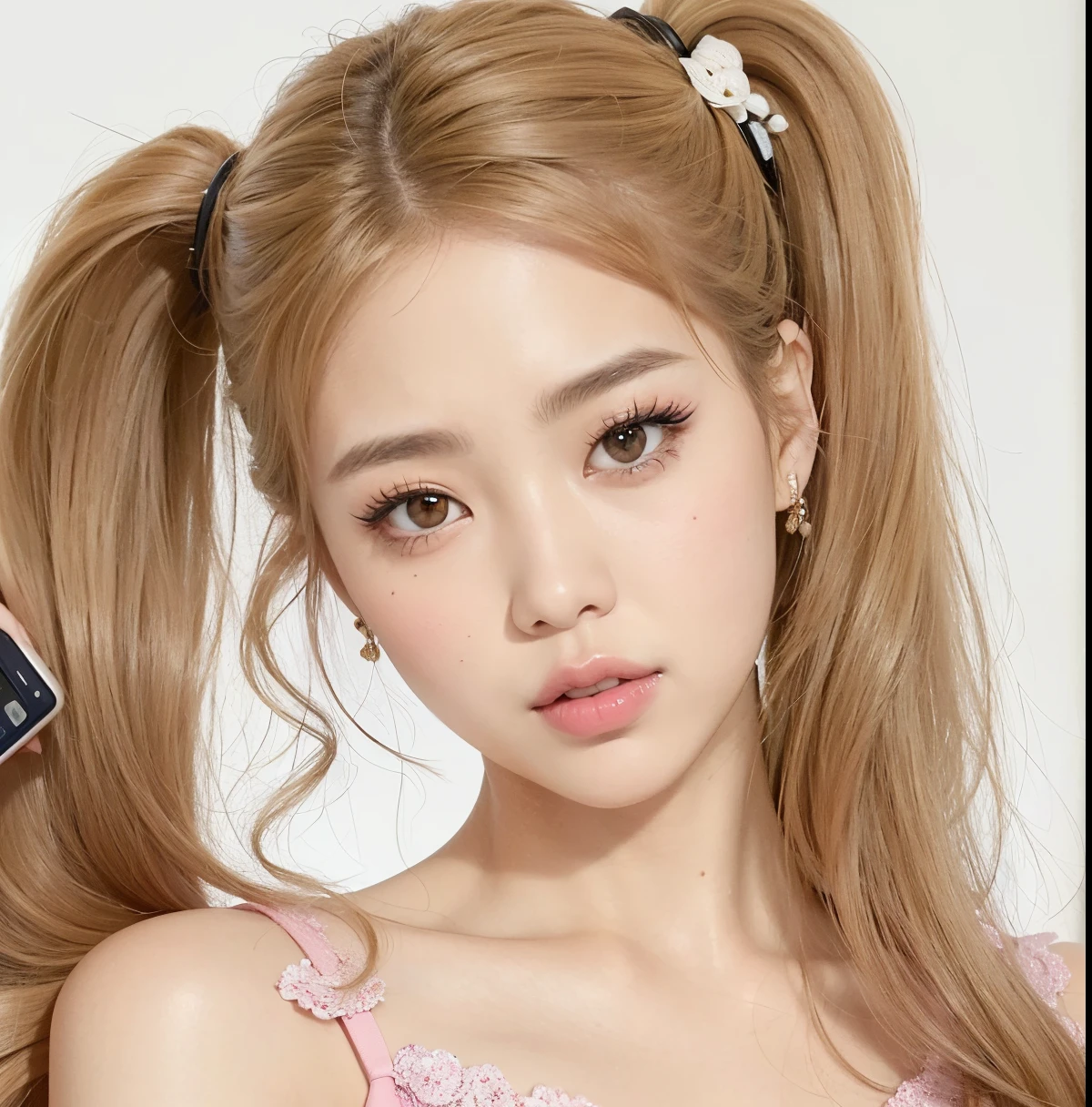 A close-up of a woman with a cell phone in her hand, Lalisa Manobal, Modelo IG | Artgerm, Retrato de Jossi de Blackpink, Obras de arte al estilo de Guweiz, Parque Roseanne de Blackpink, peinado de coletas, Jaeyeon Nam, Retrato realista kawaii, Chica coreana, Jossi de Blackpink, Tendencias en CGVatstation