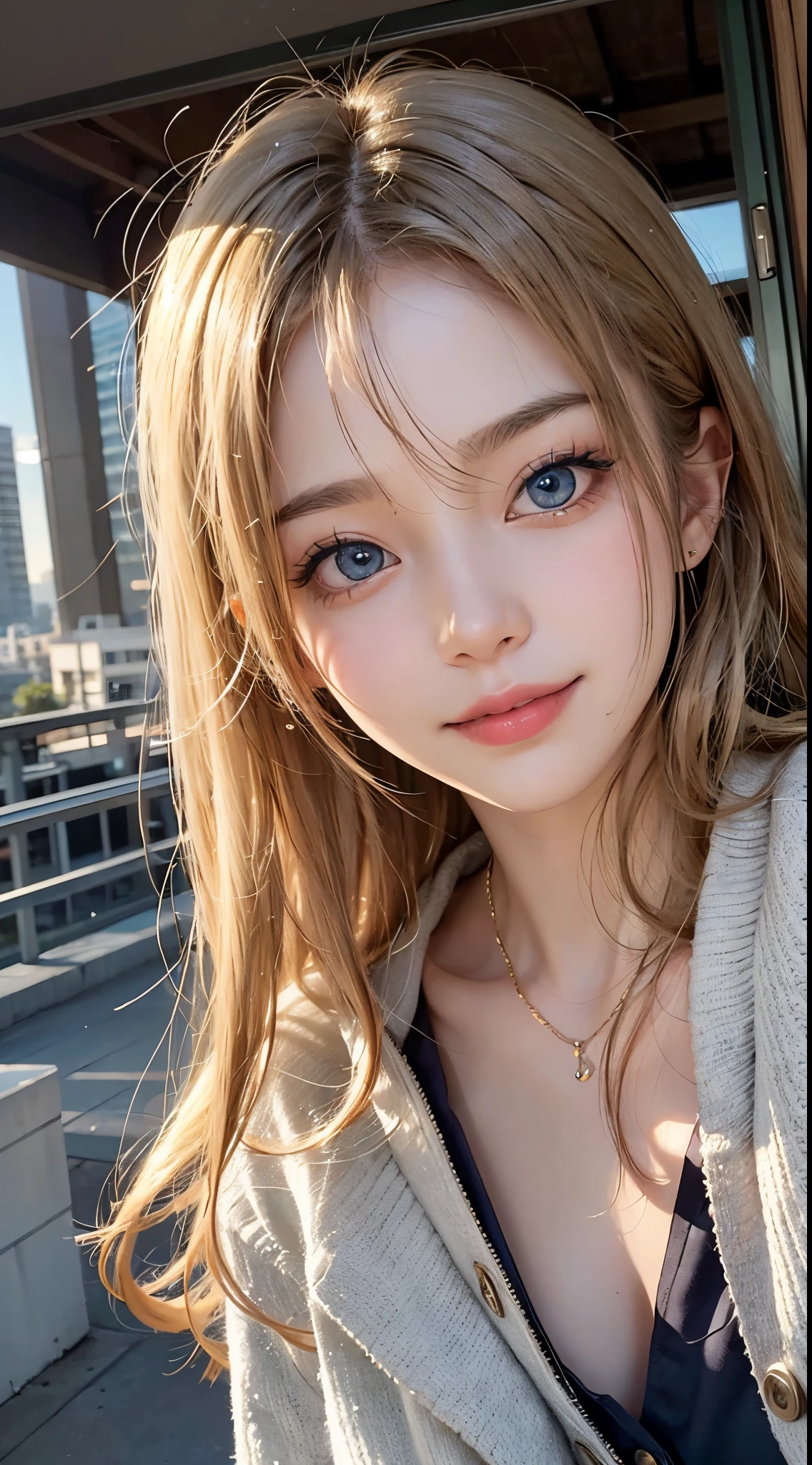 About 20 years old、Japan women、Beautiful woman、Blonde straight long hair、Beautiful hair、A detailed face、Detailed eyes、A detailed face、Detailed skin、realskin、((pajamas、Canadian pattern long cardigan))、autumn hospital、Hospital garden、Large ginkgo tree、((Light blue eyes)), Fisheye, Selfie, Wind, hair messy, Sunset, Cityscape, (Aesthetics and atmosphere:1.2),((Smiling))、((white teeth smile))