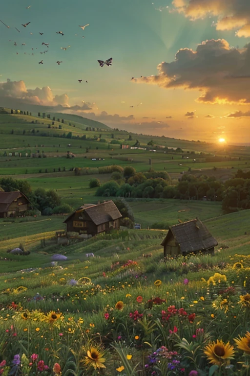 Un atardecer dorado en un campo de girasoles, where butterflies dance among the flowers while birds draw silhouettes in the sky as they say goodbye to the day.
