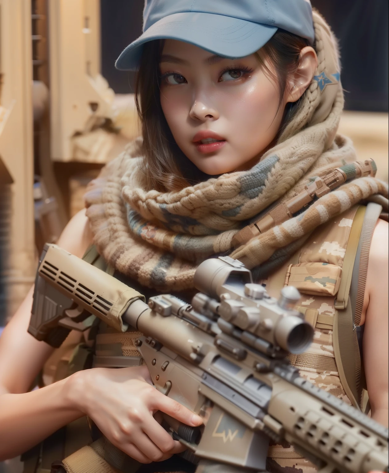 arafed woman in a blue hat holding a rifle and a rifle, ross tran 8 k, infantry girl, Kim, beautiful female soldier, Jennie, artwork in the style of guweiz, Jennie Kim, soldier girl, of a sniper girl in war, Jennie, with rifle, m4 sopmod ii girls frontline, Jennie Kim K-POP, Idol, military girl, portrait of soldier girl, wojtek fus, Blackpink close up portrait Shot, Kim Jennie