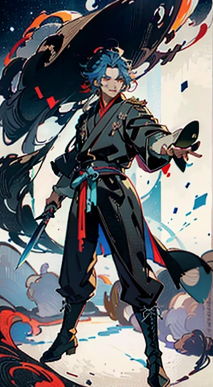 A young man with long slate-blue hair, disheveled and flying hair, sharp gaze, a resolute countenance, he has a mixed West Asian and Eastern European appearance, a fantasy wuxia-style tight-fitting trench coat robe, with a flowing hem,holds Japanese katana in right hand, the color scheme is mainly white, with red and white-blue as secondary colors, dark trousers, thick cloth boots, he stands in a majestic posture, while the surrounding space shatters and ruptures with energy, this character embodies a finely crafted fantasy-style Chinese martial anime style, characterized by an exquisite and mature manga illustration art style, full body character drawing, high definition, best quality, highres, ultra-detailed, ultra-fine painting, extremely delicate, professional, anatomically correct, symmetrical face, extremely detailed eyes and face, high quality eyes, creativity, RAW photo, UHD, 8k, Natural light, cinematic lighting, masterpiece:1.5