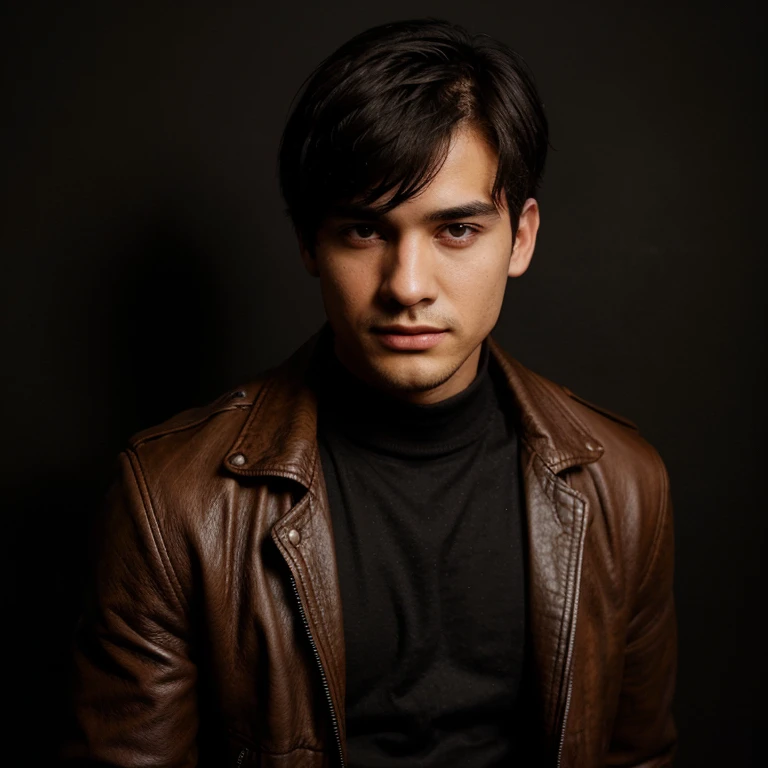 A 24 years old man with black short hair and eye, a Brown leather jacket and a black background