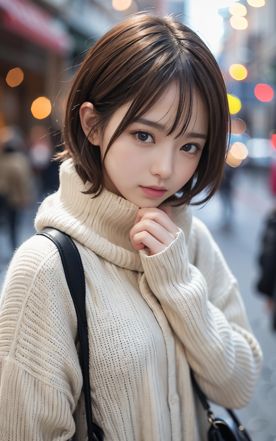 Cute 21 years old Japan、natta、Christmas、shopping、Super Detail Face、Eye of Detail、二重まぶた、beautiful thin nose、foco nítido:1.2、prety woman:1.4、(light brown hair,short cut hair, White skin、top-quality、发光、​masterpiece、超A high resolution、(Photorealsitic:1.4)、cute fancy winter clothes、