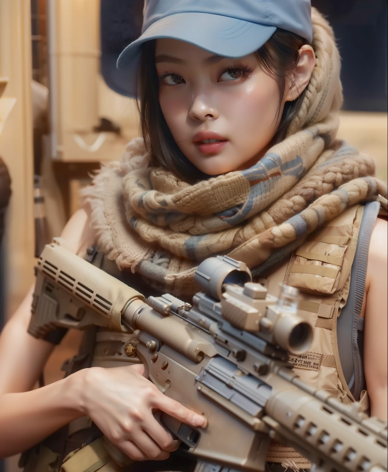 arafed woman in a blue hat holding a rifle and a rifle, ross tran 8 k, infantry girl, Kim, beautiful female soldier, Jennie, artwork in the style of guweiz, Jennie Kim, soldier girl, of a sniper girl in war, Jennie, with rifle, m4 sopmod ii girls frontline, Jennie Kim K-POP, Idol, military girl, portrait of soldier girl, wojtek fus, Blackpink close up portrait Shot, Kim Jennie