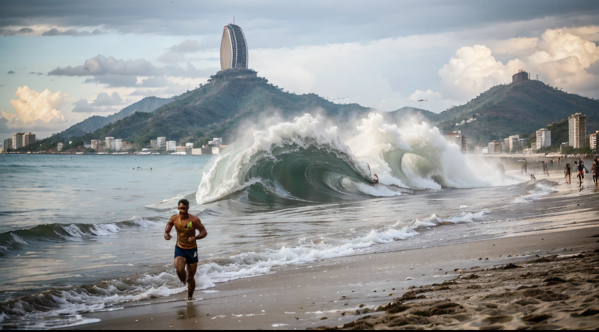 tsunami in Rio de Janeiro on Copacabana beach, with people running in despair