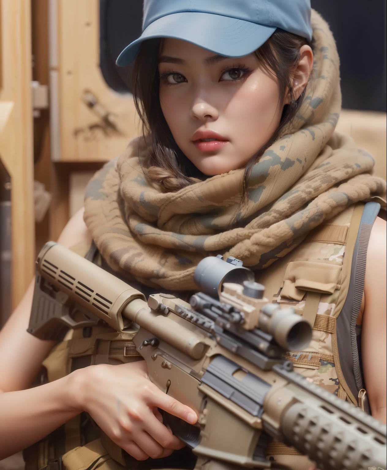 arafed woman in a blue hat holding a rifle and a rifle, ross tran 8 k, infantry girl, Kim, beautiful female soldier, Jennie, artwork in the style of guweiz, Jennie Kim, soldier girl, of a sniper girl in war, Jennie, with rifle, m4 sopmod ii girls frontline, Jennie Kim K-POP, Idol, military girl, portrait of soldier girl, wojtek fus, Blackpink close up portrait Shot, Kim Jennie