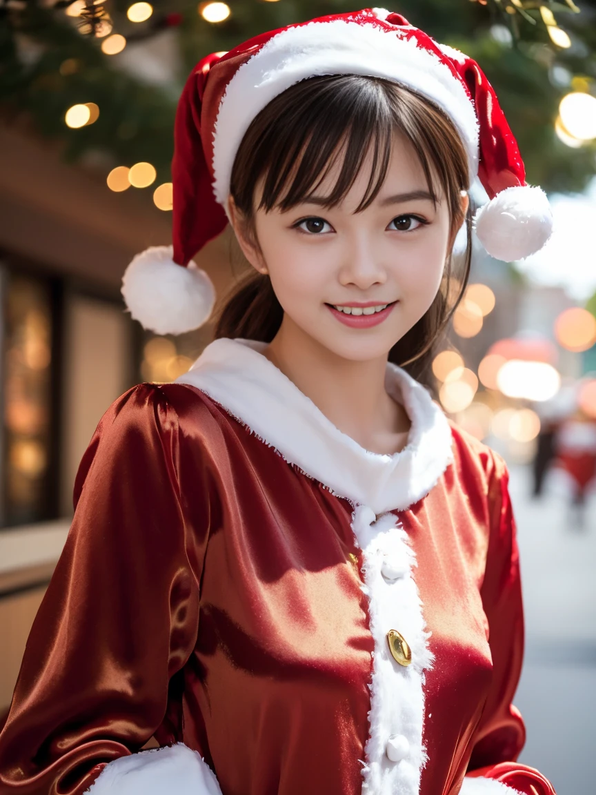 tre anatomically correct,Masterpiece of,High image quality,(Cute Santa Claus costumes:1.5),(The material of the costume is fine silk:1.4),20 years old, Japan Female, (Random posture:1.4),Professional Lighting,((Japan hair)),((Natural smile)),The ultra-detailliert、High quality textures、intricate detailes、detaileds、Very detailed CG、High quality shadows、Detail Beautiful delicate face、Detail Beautiful delicate eyes、depth of fields、Ray traching,1girl in, japanaese girl, Fashion Model, slender,Warm atmosphere,Outdoors with a Christmas atmosphere