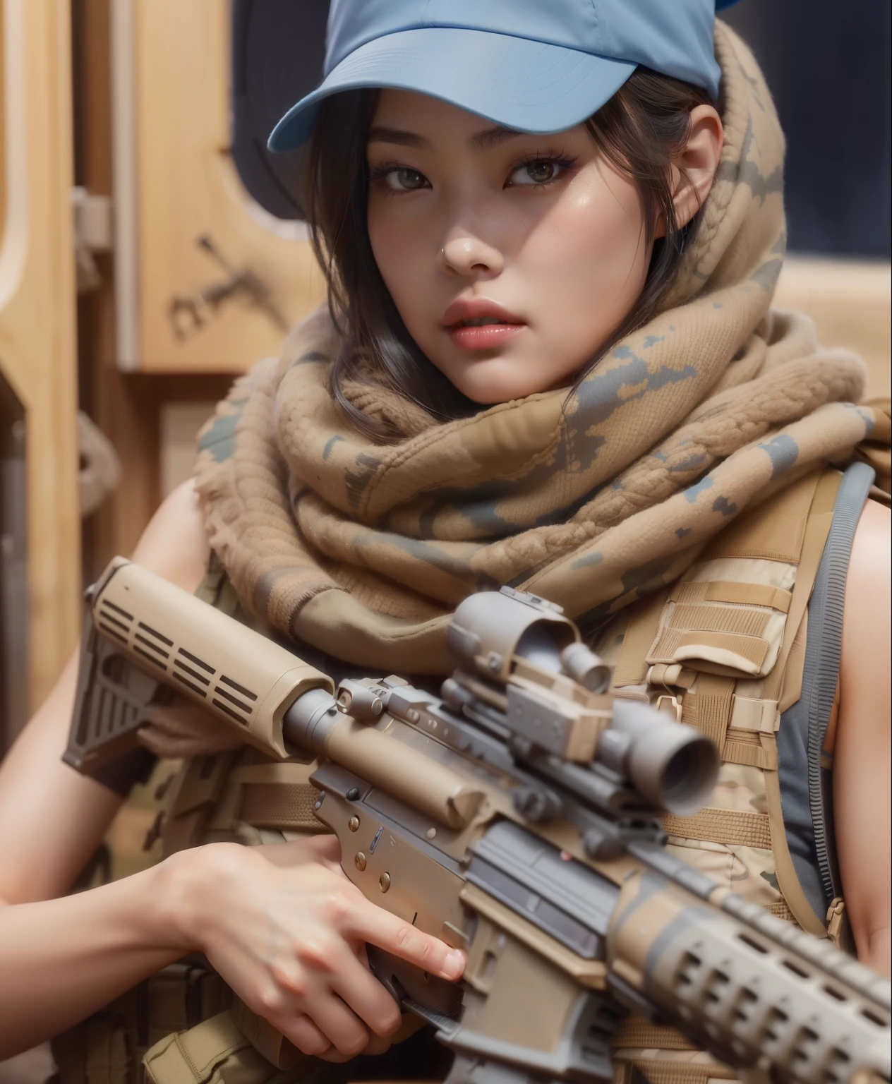 arafed woman in a blue hat holding a rifle and a rifle, ross tran 8 k, infantry girl, Kim, beautiful female soldier, Jennie, artwork in the style of guweiz, Jennie Kim, soldier girl, of a sniper girl in war, Jennie, with rifle, m4 sopmod ii girls frontline, Jennie Kim K-POP, Idol, military girl, portrait of soldier girl, wojtek fus, Blackpink close up portrait Shot, Kim Jennie