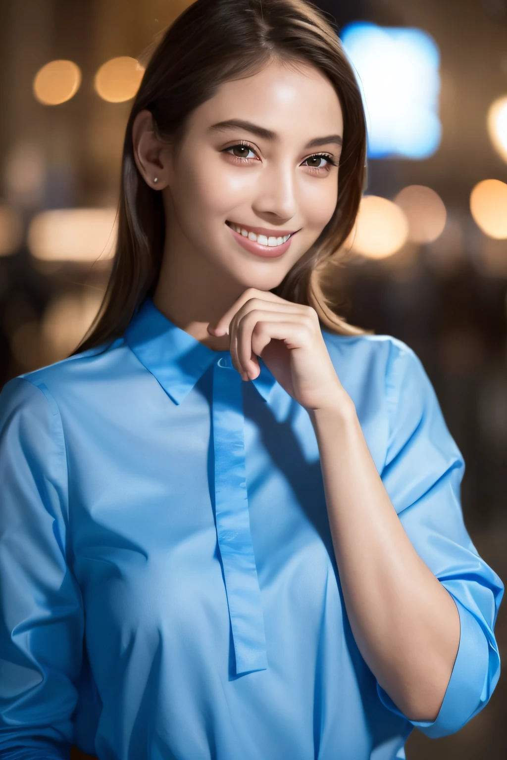 1girl in,(Wearing a blue blouse:1.2),(Raw photo, Best Quality), (Realistic, Photorealsitic:1.4), masutepiece, extremely delicate and beautiful, Extremely detailed, 2k wallpaper, amazing, finely detail, the Extremely Detailed CG Unity 8K Wallpapers, Ultra-detailed, hight resolution, Soft light, Beautiful detailed girl, extremely detailed eye and face, beautiful detailed nose, Beautiful detailed eyes,Cinematic lighting,city light at night,Perfect Anatomy,Slender body,Smiling