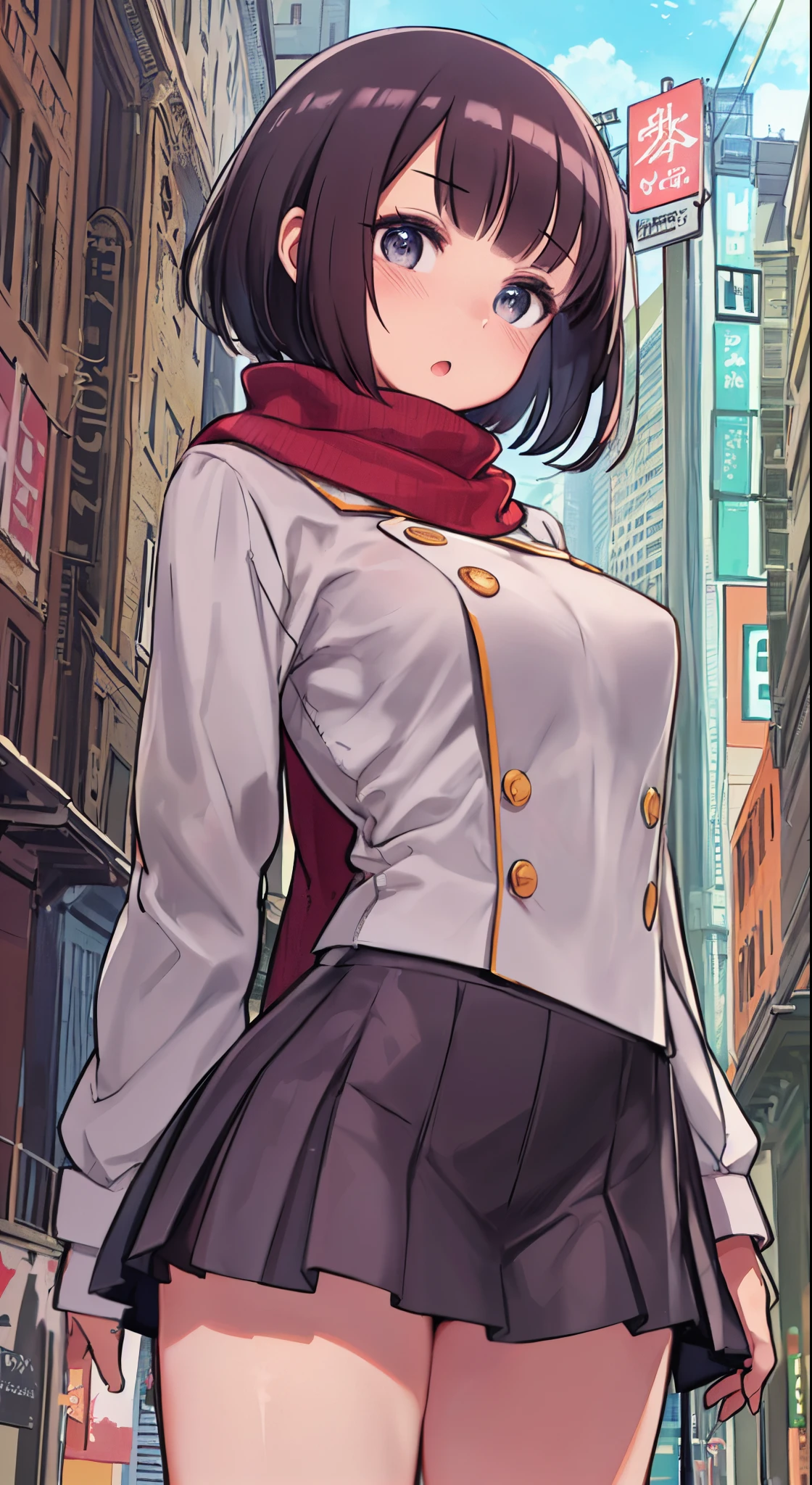 (Perfect body),Best Quality,16 K、((((Short stature))))、((((Lori))))、(white shirt)、(Red mini skirt)、(White panty)、(((blush)))、(((:o)))、(((embarrassed from)))、I have my mouth wide open、Blunt bangs、(short-hair)、(((bob cuts))),(Sweat)、((red scarf))、((Big ass))、(((huge-breasted)))、(((thick thighs)))、Armpits、In the street、((Angle from below、Skirt twisted by the wind))