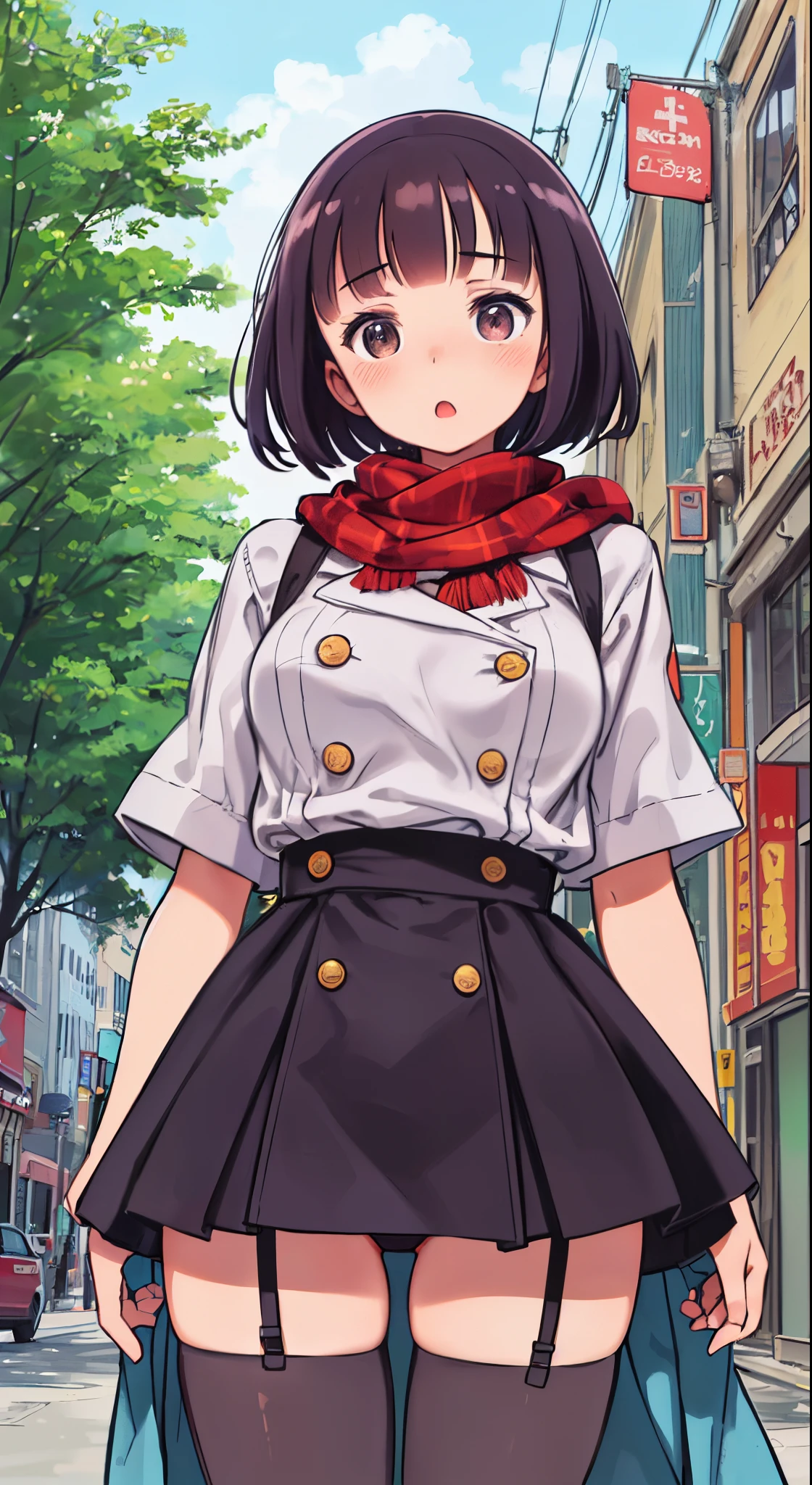 (Perfect body),Best Quality,16 K、((((Short stature))))、((((Lori))))、(white shirt)、(Red mini skirt)、(White panty)、(((blush)))、(((:o)))、(((embarrassed from)))、((((Surprised))))、(I have my mouth wide open)、Blunt bangs、(short-hair)、(((bob cuts))),(Sweat)、((red scarf))、((Big ass))、(((huge-breasted)))、(((thick thighs)))、Armpits、In the street、((((Angle from below))))、(((Skirt twisted by the wind)))