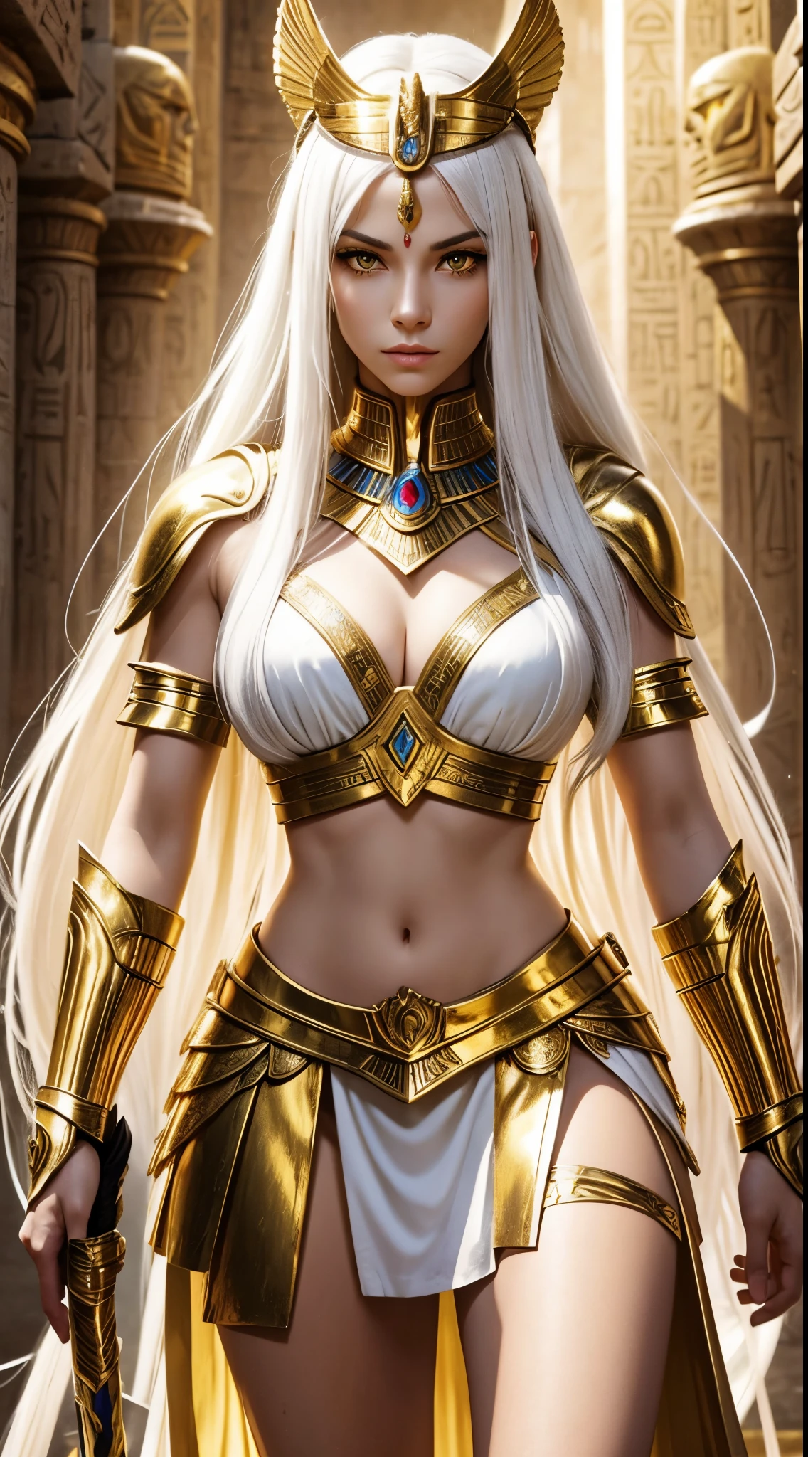 A beautiful, warrior woman with long white hair and yellow eyes wearing golden Egyptian armor