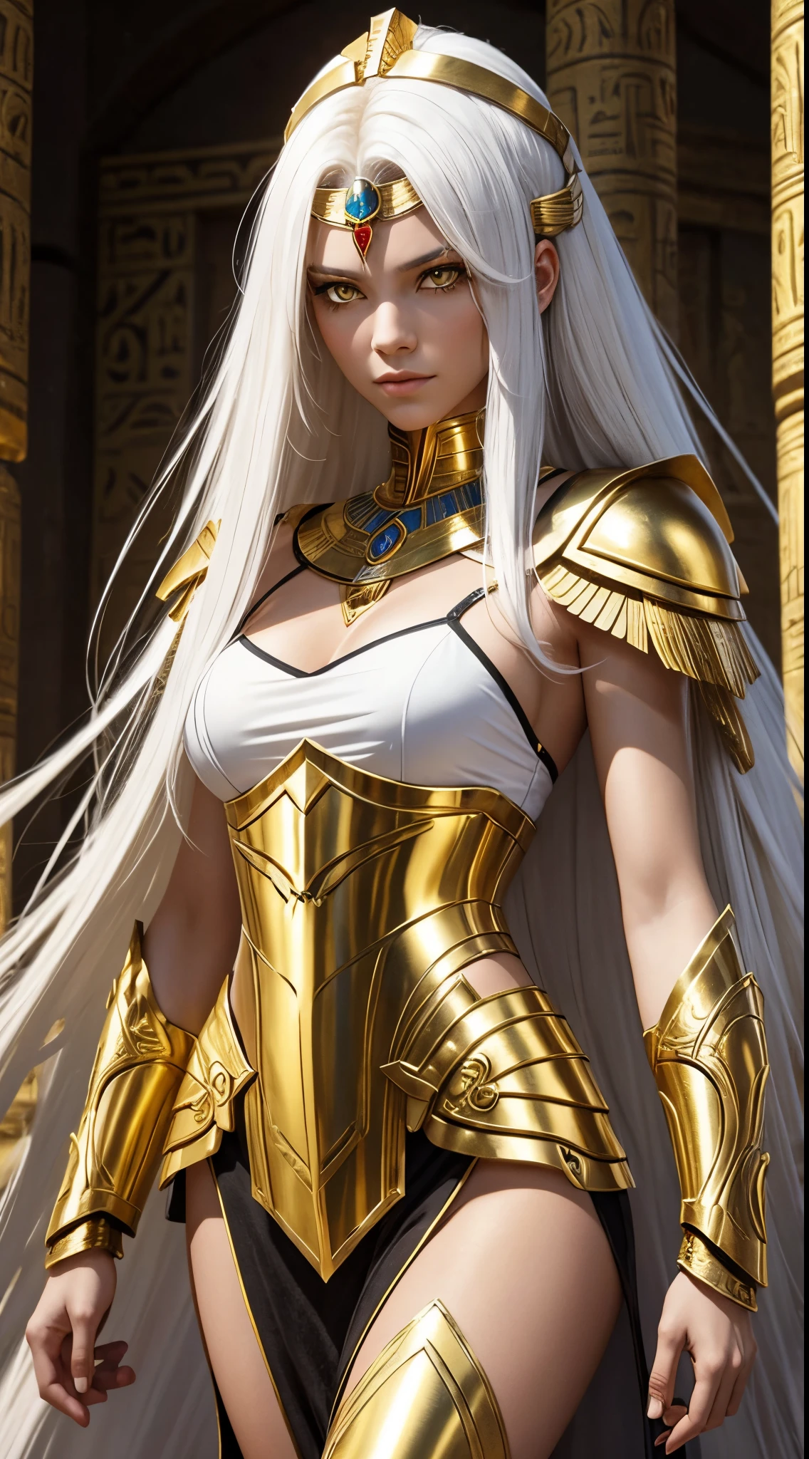 A beautiful, warrior woman with long white hair and yellow eyes wearing golden Egyptian armor