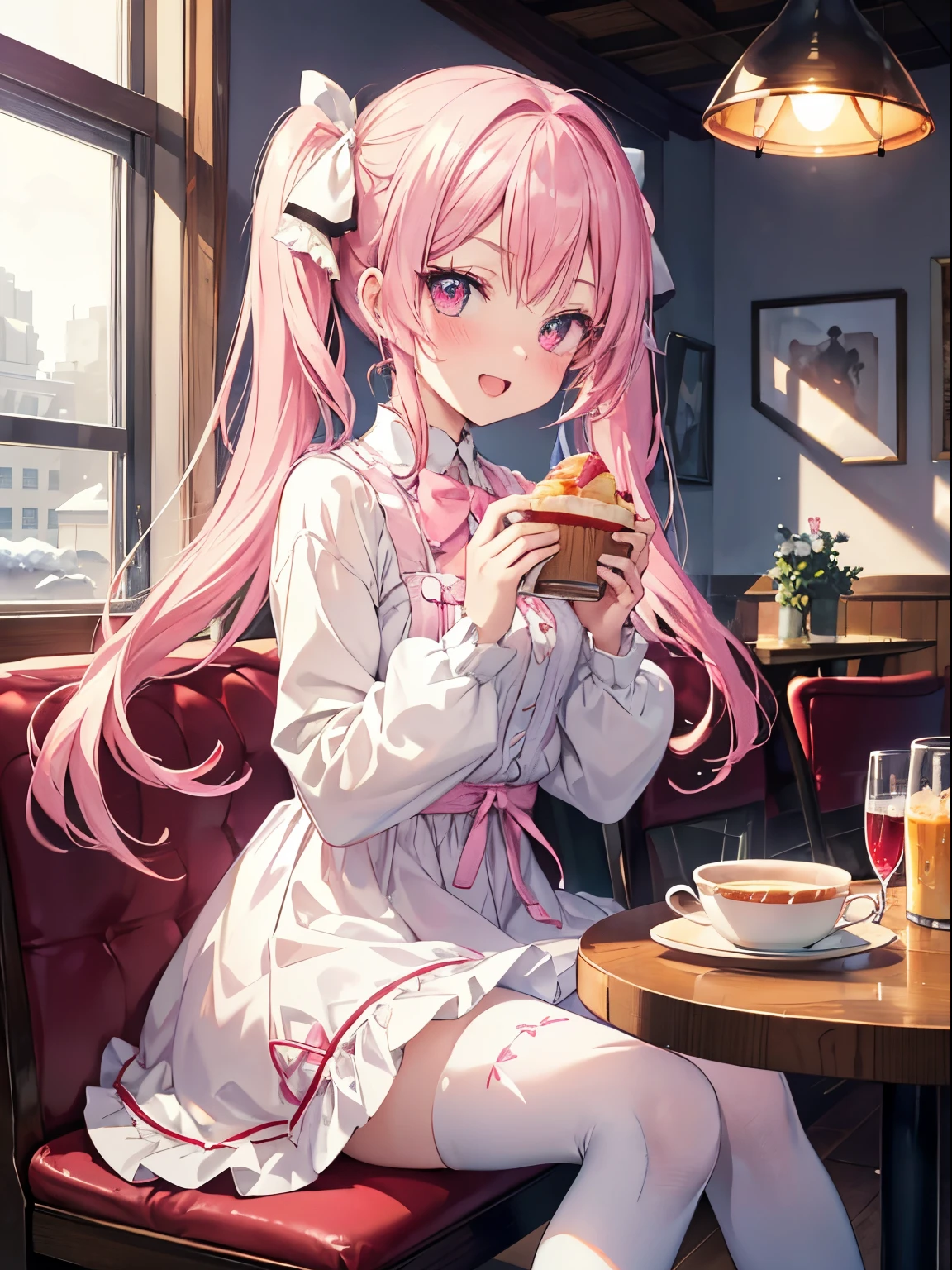 masutepiece, Highest Quality, (Perfect face:1.1), (high detailing:1.1), (ultradetailed eyes), Dramatic,  superfine illustration, Extremely detailed,1girl in, (pale skin), Happy, Laugh, Enjoy, Cheerful,Open mouth,gloweyes,pinkhair, (long twintail),Ethereal eyes, pink eye,(light eyebrow),blush, Solo,Pouty lips,Cinematic lighting,Cowboy Shot, Looking at Viewer, Winters,Snow, Lolita clothes, Pink and white,frilld, bow ribbon, Long sleeve,knee high socks,in a cafe,Eating breakfast, sitting in the chair,near the table ,morning atmosphere
