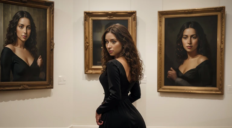 hyper-realistic brown curly hair woman, portrait photo, in art gallery, sensational pose, elegant black dress, hands behind back, watching paintings