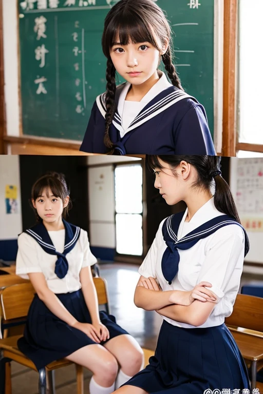In the classroom of  the school、Two beautiful girls、17 age、japanes、Same school uniform、Same sailor suit、Bun hair、early evening、serious facial expression、Long skirt、