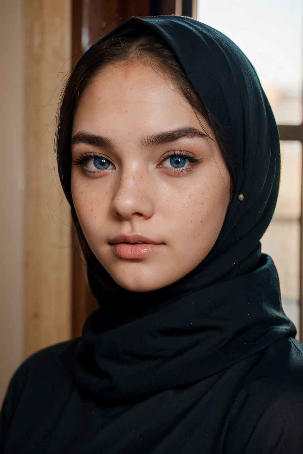 hijab girl not showing any hair with a blue eyes and black eyebrows and a beautiful face with real red cheeks without makeup and freckles on her face