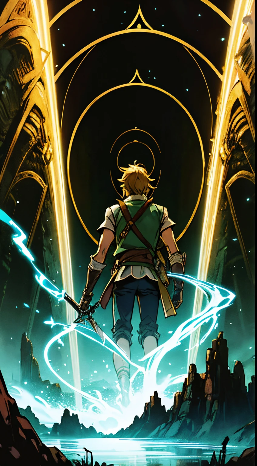 Link, armado con la Espada Maestra, He finds himself before a time portal that transports him to a dimension full of mysterious creatures and surreal landscapes..