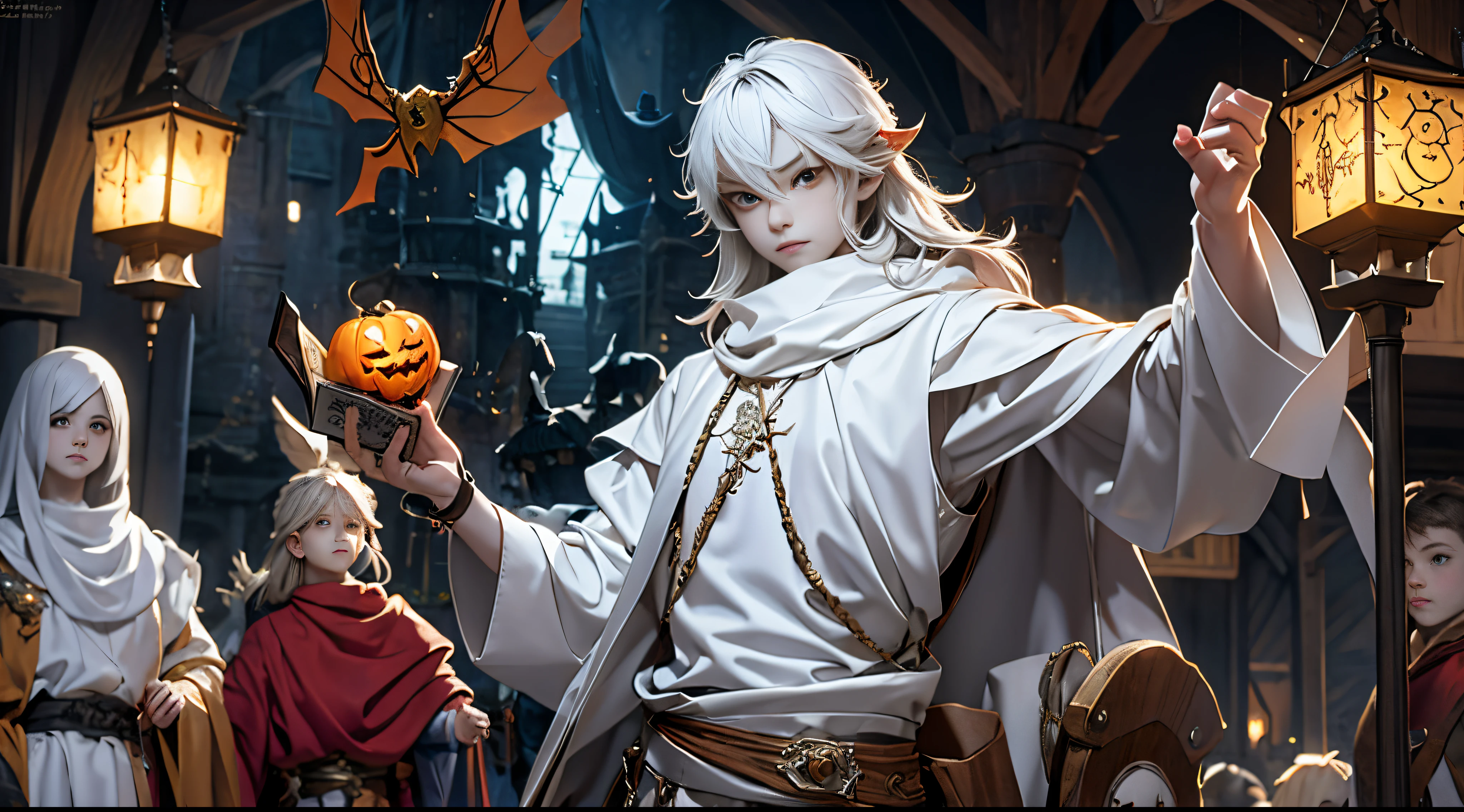 1boy, long hair, pale skin, skinny, adventurer , fantasy outfit , ,enface, masterpiece, stablediffusion, detailed face and eyes, , manga book, halloween, lanterns,