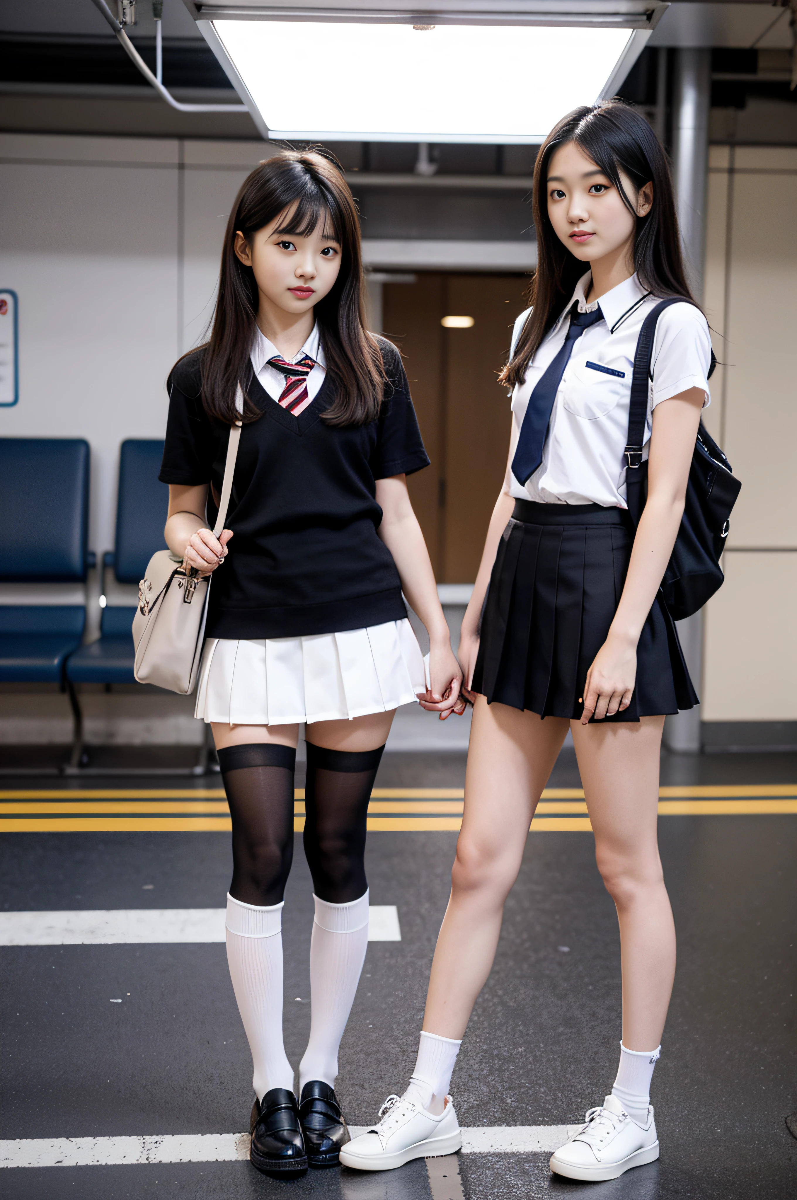 masutepiece, Best Quality, 2girls, (Two girls):1.2, Japanese ido, Standing in the subway, Grab the railing, Schoolgirl Uniform, (flat chest):1.3, Short mini skirt, Black stockings, White School Shoes, backpack, Clever face, Very long legs