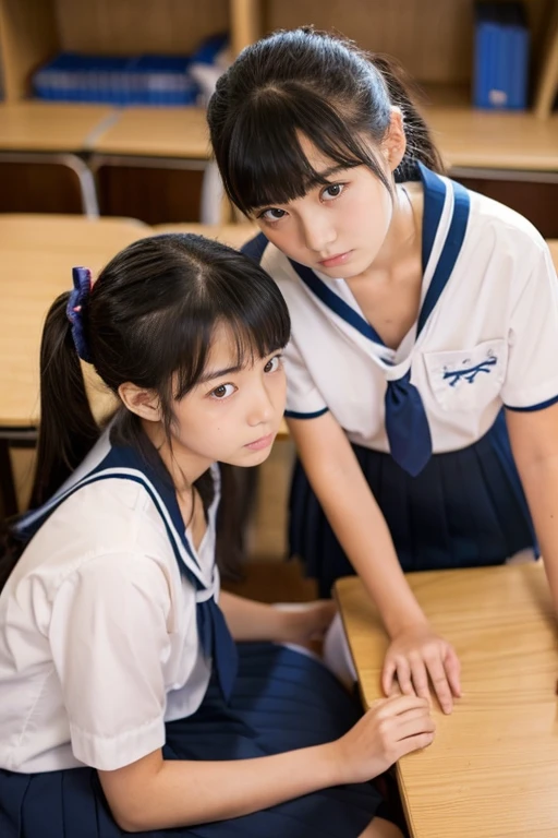 In the classroom of the school、Two beautiful girls、、japanes、Same school uniform、Same sailor suit、Bun hair、early evening、serious facial expression、Long skirt、Stunned expression、