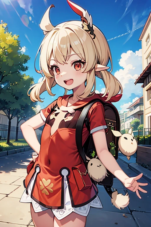 red bikini, , outside, flat chest, open mouth, smiling, daylight, short, small, pointy ears, blonde hair, dodoco, brown backpack, fire, explosion, skirted bottom, full cut top