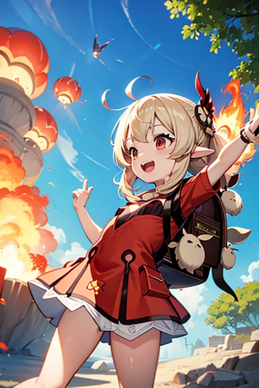 red bikini, loli, outside, flat chest, open mouth, smiling, daylight, short, small, pointy ears, blonde hair, dodoco, brown backpack, fire, explosion, skirted bottom, full cut top