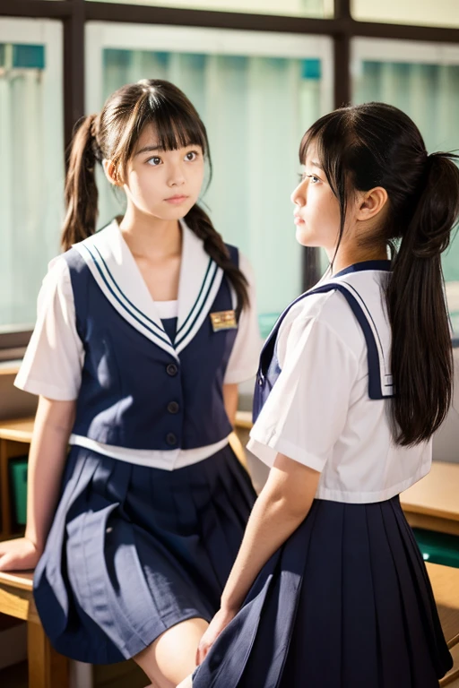 In the classroom of  the school、Two beautiful girls、17 age、japanes、Same school uniform、Same sailor suit、Bun hair、early evening、serious facial expression、Long skirt、Stunned expression、
