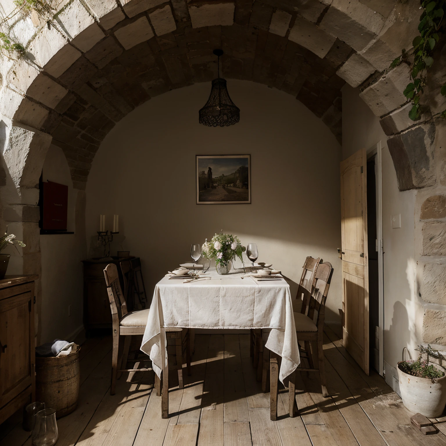 Dessine moi un appartement de deux pièces avec en décoration le thème du vin avec une décoration un peu plus ancienne (table avec un tonneau en pied, mur en pierre, vigne accrochée, cave à vin, bouteille de vin, et autres idées)