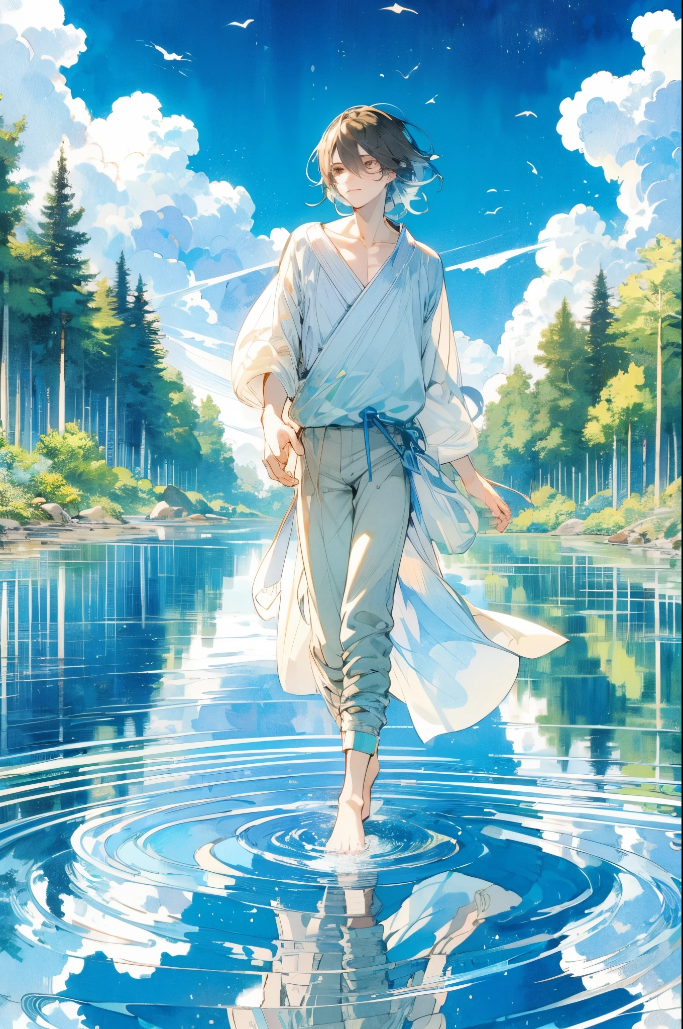 Brown eyes、A detailed face、Beautiful young man, walking on water; Forest and blue sky background; High quality Japanese anime style; Crisp lineart, Transparent watercolor, Distinct shading; Vibrant, lush green forest; rich blue sky, occasional clouds; Graceful, Angelic aura; Delicate features, Flowing hair; Light clothing; Dreamy environment; Portrait orientation, full figure capture