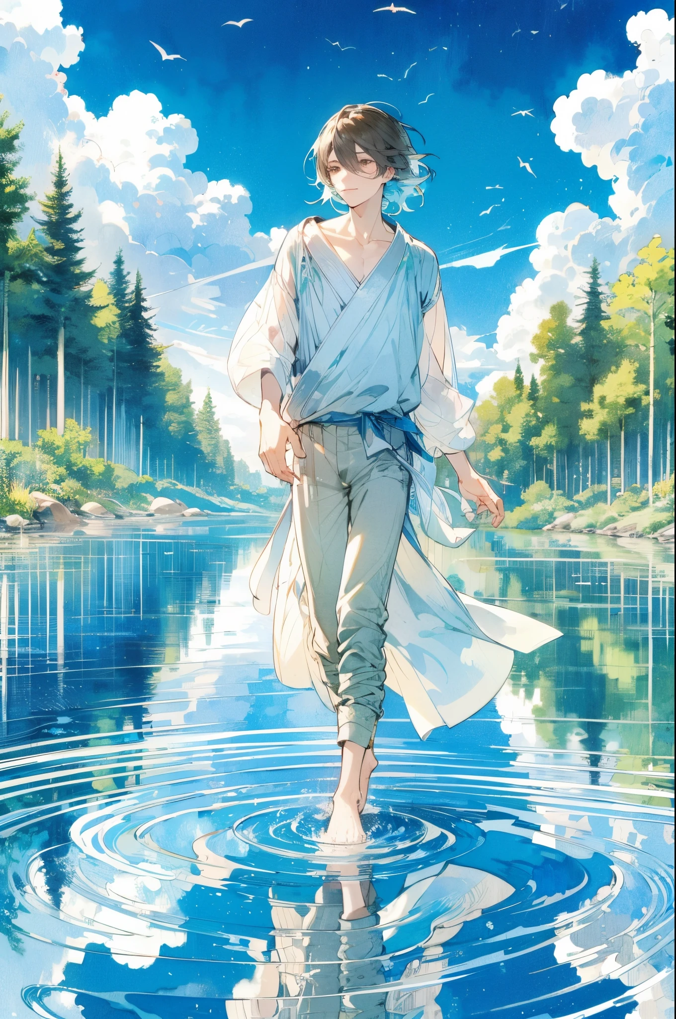 Brown eyes、A detailed face、Beautiful young man, walking on water; Forest and blue sky background; High quality Japanese anime style; Crisp lineart, Transparent watercolor, Distinct shading; Vibrant, lush green forest; rich blue sky, occasional clouds; Graceful, Angelic aura; Delicate features, Flowing hair; Light clothing; Dreamy environment; Portrait orientation, full figure capture