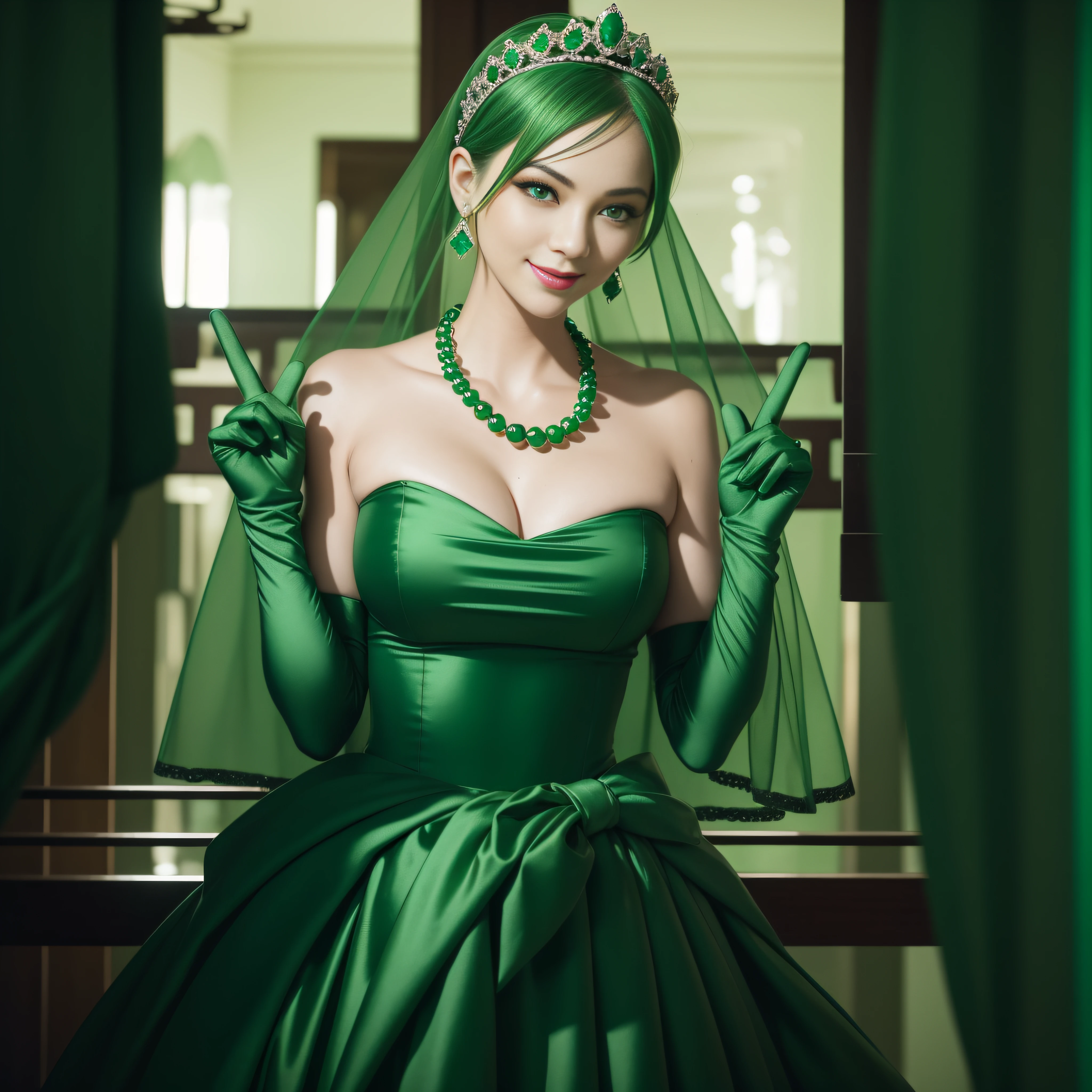 emerald tiara, Green Pearl Necklace, Boyish very short green hair, lipsticks, Japan woman smiling, very short short hair, big breasts beautiful, Green eyes, Long green gloves made of satin material, Green eyes, Emerald Earrings, green vale, v sign