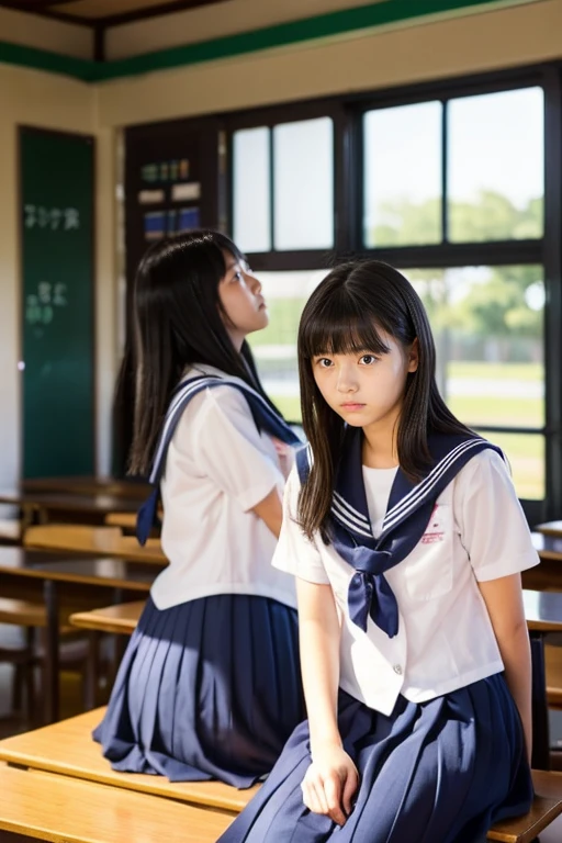 In the classroom of  the school、Two beautiful girls、15yo student、japanes、Same school uniform、Same sailor suit、Bun hair、early evening、serious facial expression、Long skirt、Stunned expression、