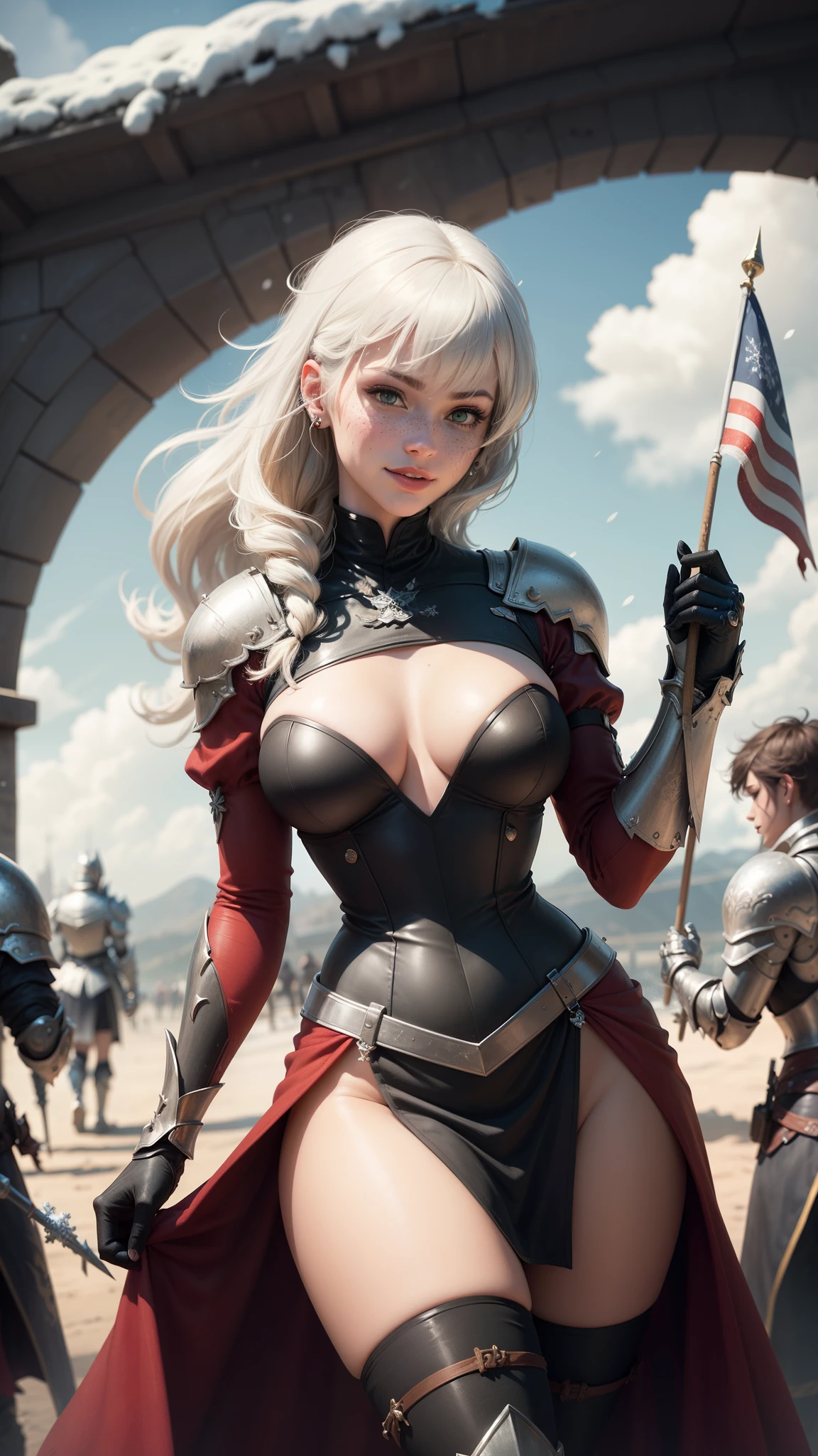 gwen tennyson,yorha 2b,tracer,y'shtola rhul,overwatch,warcraft,close up, castle siege battle,tattoos,red and white plugsuit,white short sleeve knight top,short sleeve knight full plate armor,long knight skirt,snowflake knight corset,long curly hair,princess makeup,green eyes,multicolored silver hair,long dress train,sexy smile, freckles,beautiful girl,knight thigh high boots,large breasts,8k,ultra detailed,realistic,fantasy art,steel knight uniform,knight gown dress,hair jewelry,ear piercings,snowflake hand and neck jewelry,(weather:windy),1girl,long scarlet knight coat,battlefield,holding a flag,snowflake hair pin,
