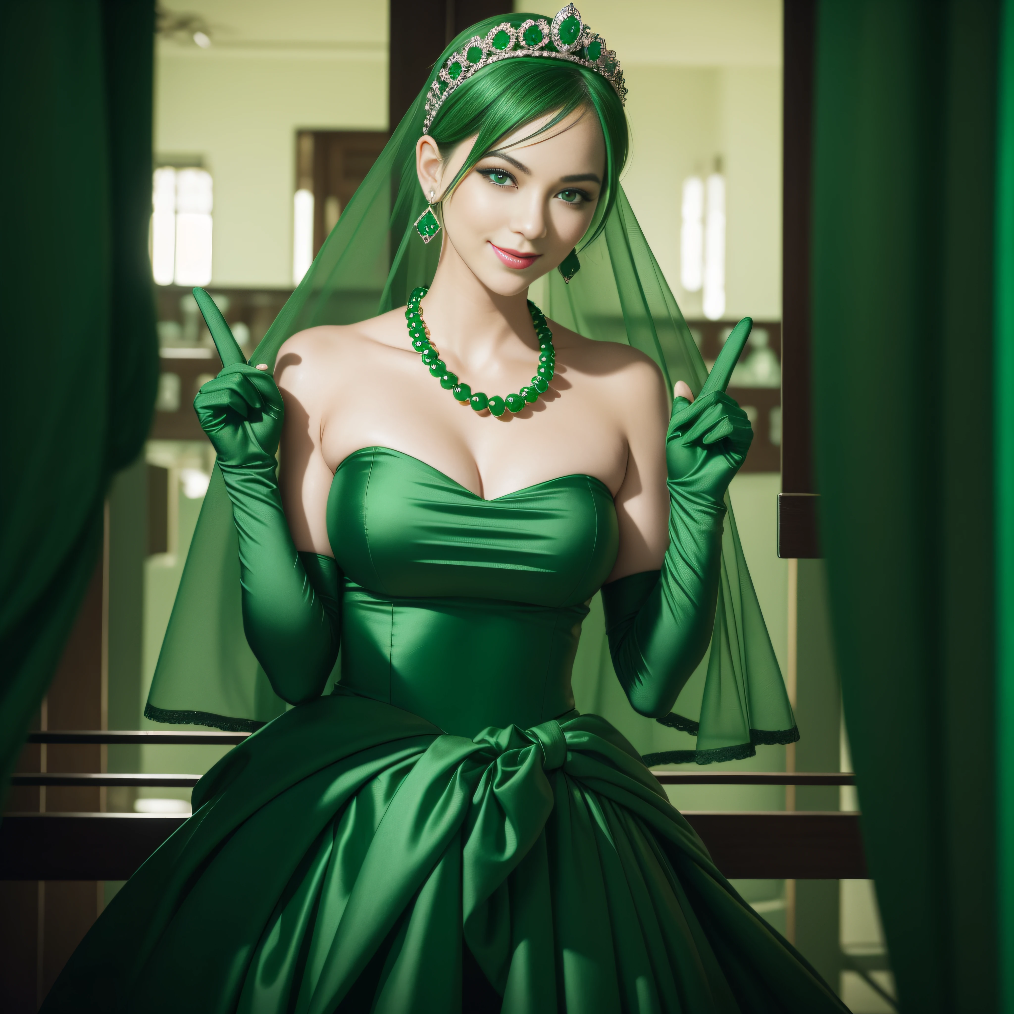 emerald tiara, Green Pearl Necklace, Boyish very short green hair, lipsticks, Japan woman smiling, very short short hair,  big breasts beautiful, Green eyes, Long green gloves made of satin material, Green eyes, Emerald Earrings, green vale, v sign