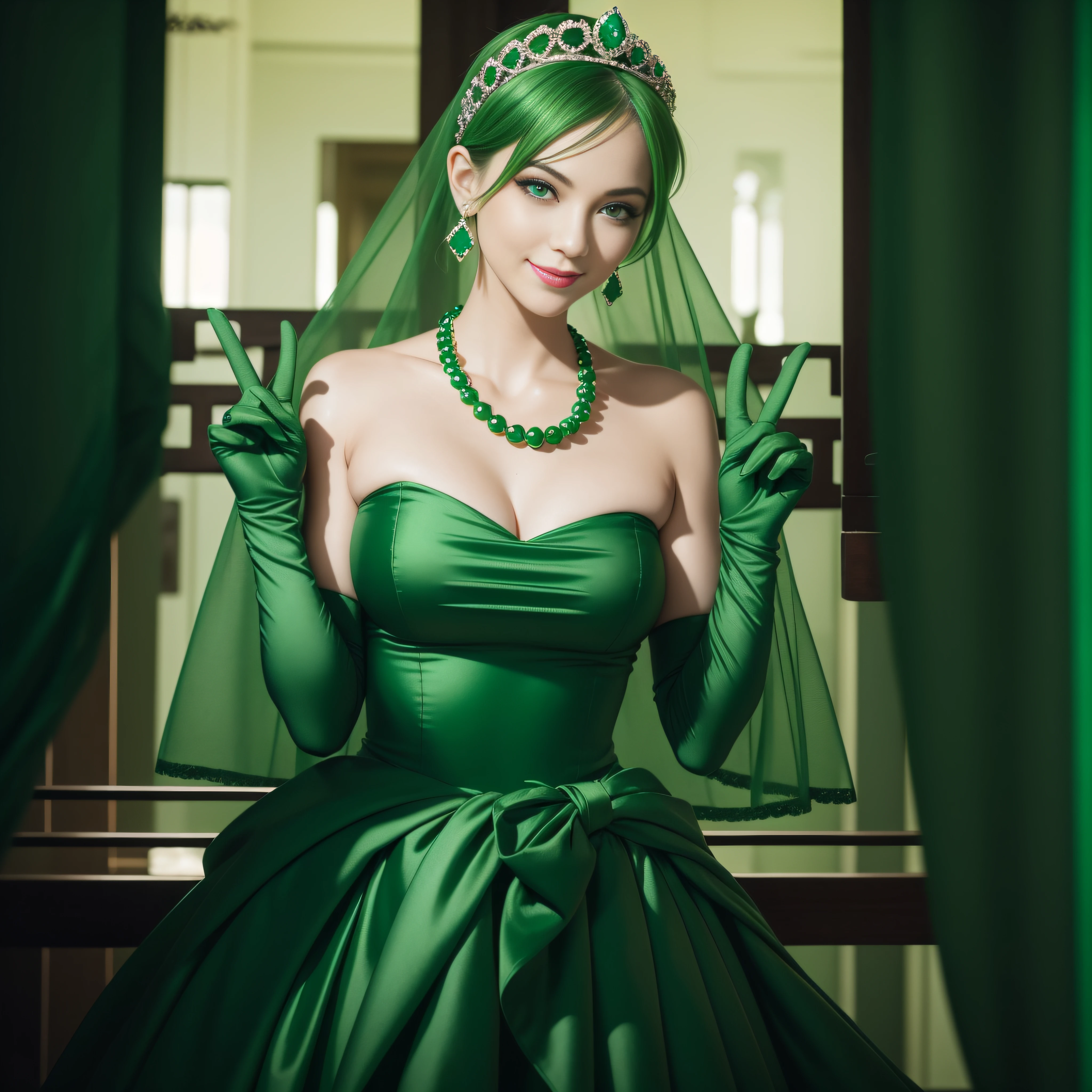 emerald tiara, Green Pearl Necklace, Boyish very short green hair, lipsticks, Japan woman smiling, very short short hair,  big breasts beautiful, Green eyes, Long green gloves made of satin material, Green eyes, Emerald Earrings, green vale, v sign