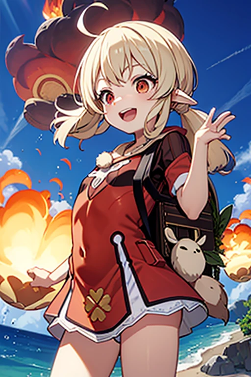 red bikini, loli, outside, flat chest, open mouth, smiling, daylight, short, small, pointy ears, blonde hair, dodoco, brown backpack, fire, explosion, skirted bottom