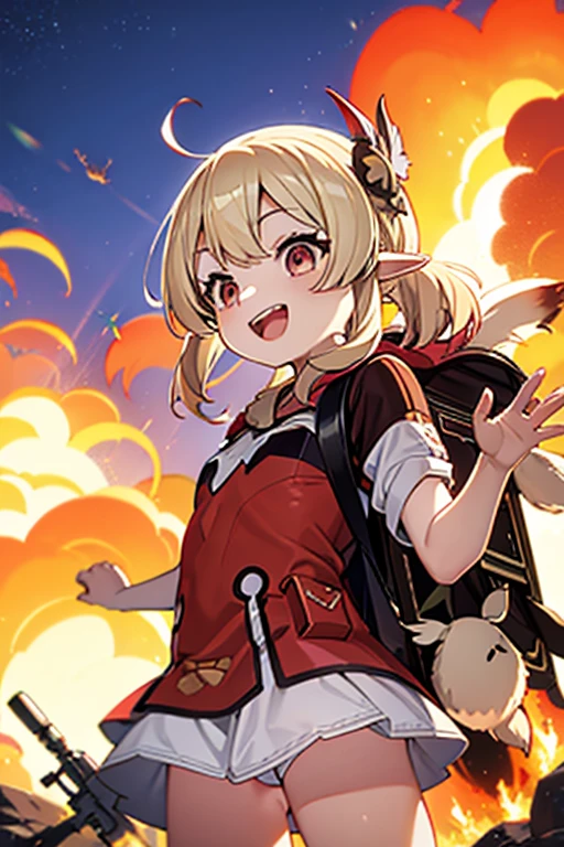 red bikini, , outside, flat chest, open mouth, smiling, daylight, short, small, pointy ears, blonde hair, dodoco, brown backpack, fire, explosion, skirted bottom