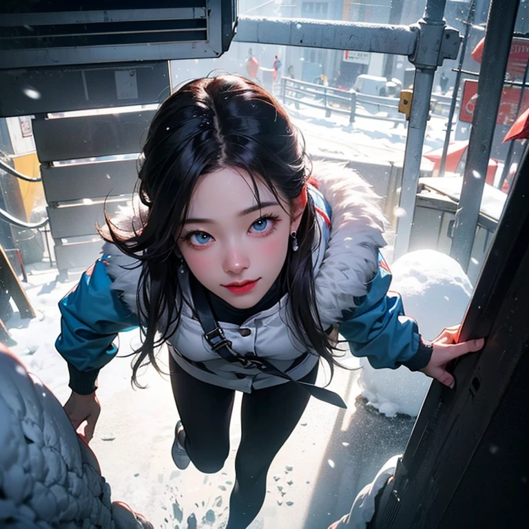 ( Masterpiece, best quality , shot from above, 100mm lens, fisheye), ((pov from above:1.4)), (( subway station:1.5, snow season, heavy snow, high detailed, intricate details, running away from viewer )), kazuha, ( narrow face, strong jaw, plump cheeks, dark hair , cute smile, thigh gap, beautiful baby blue eyes, wearing loose-fitted drip ootd ), (backlit, soft light, particles, raytracing, HDR, 8K, cinematic lighting, tetradic, UHD)