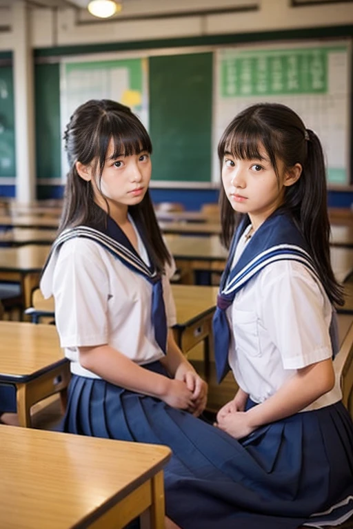 In the classroom of the school、Two beautiful girls、sixteen years old、japanes、Same school uniform、Same sailor suit、Bun hair、early evening、serious facial expression、Long skirt、Stunned expression、