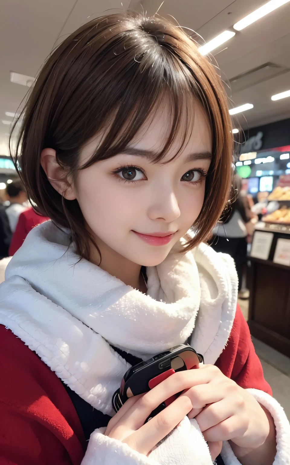 Cute 21 years old Japan、during daytime、Christmas、shopping、Super Detail Face、Eye of Detail、二重まぶた、beautiful thin nose、foco nítido:1.2、prety woman:1.4、(light brown hair,short cut hair, White skin、top-quality、发光、masterpiece、超A high resolution、(Photorealsitic:1.4)、cute fancy red winter clothes、Bursting smile