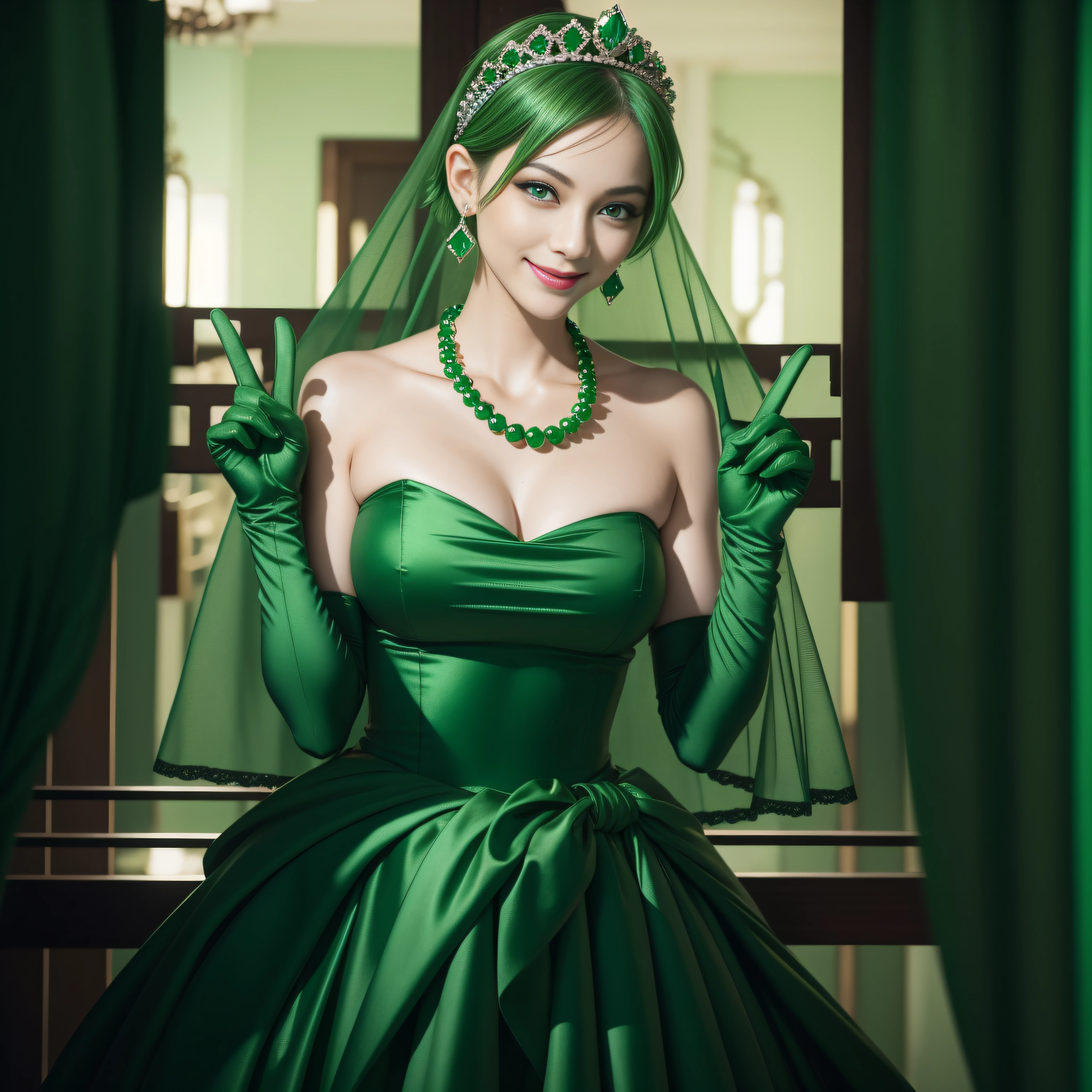 emerald tiara, Green Pearl Necklace, Boyish very short green hair, lipsticks, Japan woman smiling, very short short hair, big breasts beautiful, Green eyes, Long green gloves made of satin material, Green eyes, Emerald Earrings, green vale, v sign