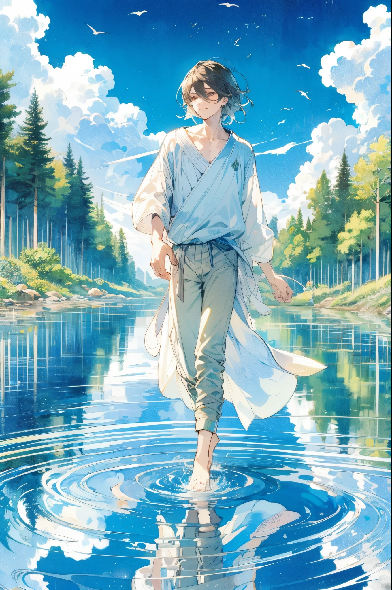 Brown eyes、A detailed face、Detailed hand、Beautiful young man, walking on water; Forest and blue sky background; High quality Japanese anime style; Crisp lineart, Transparent watercolor, Distinct shading; Vibrant, lush green forest; rich blue sky, occasional clouds; Graceful, Angelic aura; Delicate features, Flowing hair; Light clothing; Dreamy environment; Portrait orientation, full figure capture