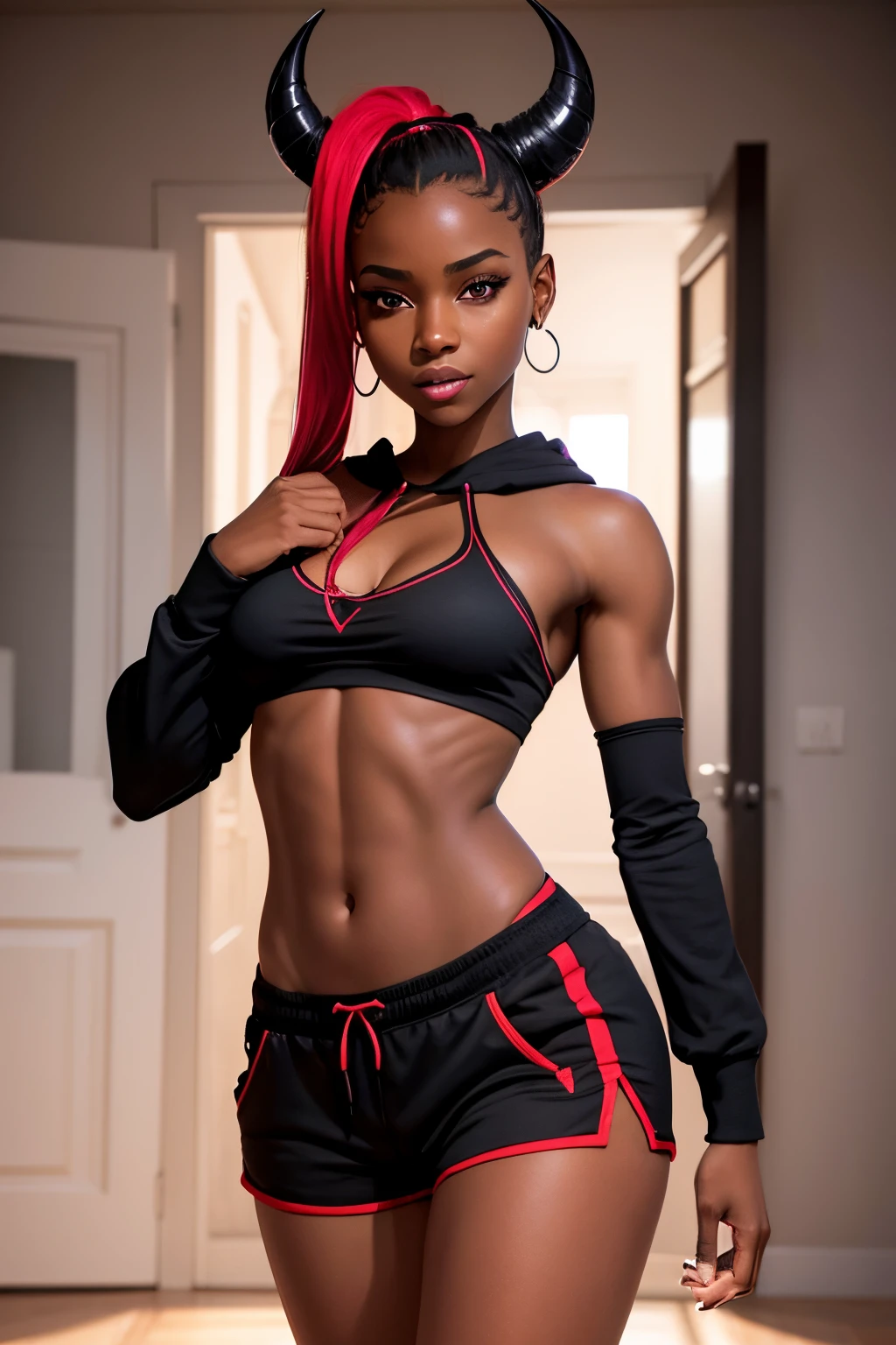 A half body photo of a woman (afro American fitness model)., ((red:1.5)), flashing, (:1.1), Pilates pants , blue top, Dame, Short, Narrow Hips, Square Face, black Skin, neon blue Hair, blue Eyes, Straight Nose, Thick Lips, Sharp Chin, Shoulder-Length Hair, Thick Hair, small naked breasts, , neon yellow gloss lipstick, Masterpiece, hi res, 8k, award winning, RAW photo, high quality, 35mm photograph, film grain, bokeh, professional, 4k, highly detailed,