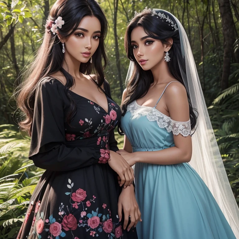 Mulher, cabelos negros, olhos azuis, vestido branco, bochechas rosadas, boca vermelha, perdida em uma floresta de dia, fluttering dress, cabelos ao vento, pele branca, cabelo preto, olho azul